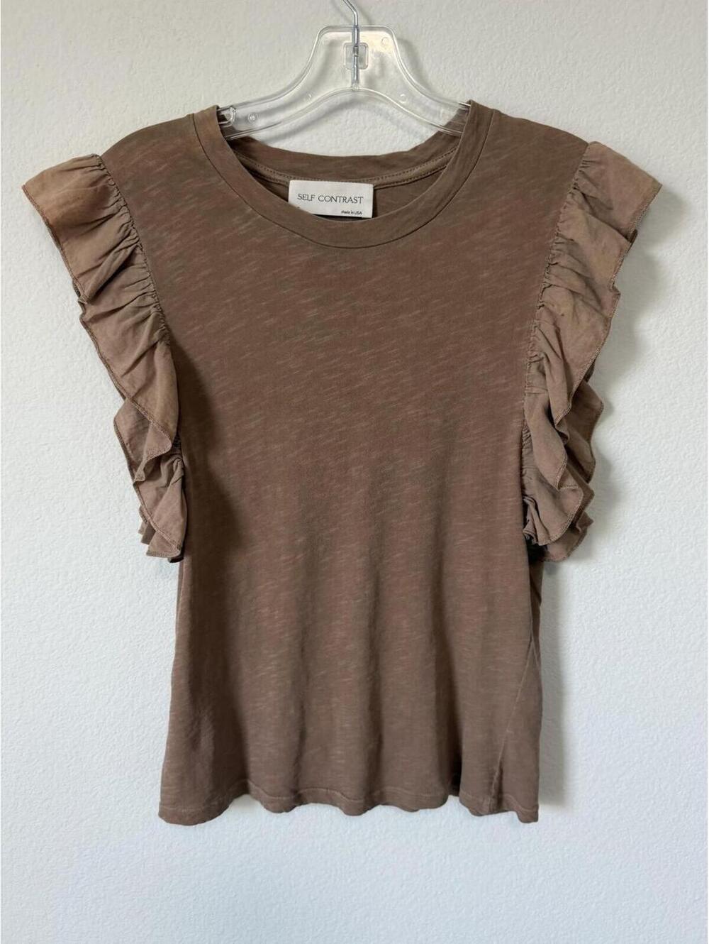 Self Contrast Ruffled Short Sleeve Round Neck Blouse Women's Size S (See Photos)